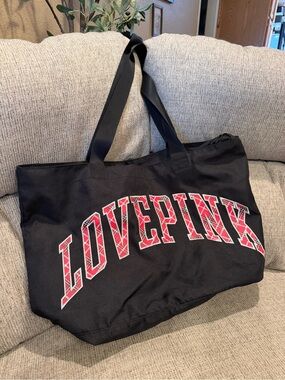 Victoria Secret Pink Plaid Letter Black Tote Bag w/ Zipper